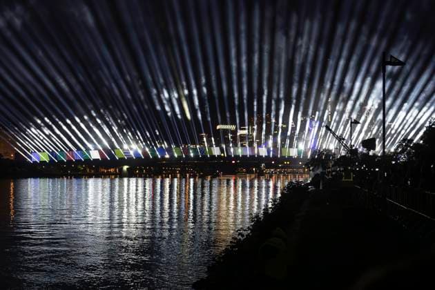 Raft bridge lightshow Frankfurt am Main for the opening of the Fan Mile, 12 06 2024 Raft bridge lightshow Frankfurt, Frankfurt am Main, Weseler Werft, 12 6 2024 Copyright: xBEAUTIFULxSPORTS Gawlikx