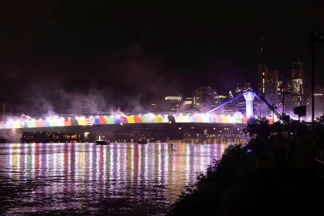 Raft bridge lightshow Frankfurt am Main for the opening of the Fan Mile, 12 06 2024 Raft bridge lightshow Frankfurt, Frankfurt am Main, Weseler Werft, 12 6 2024 Copyright: xBEAUTIFULxSPORTS Gawlikx