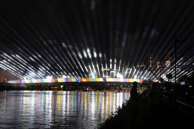 Raft bridge lightshow Frankfurt am Main for the opening of the Fan Mile, 12 06 2024 Raft bridge lightshow Frankfurt, Frankfurt am Main, Weseler Werft, 12 6 2024 Copyright: xBEAUTIFULxSPORTS Gawlikx