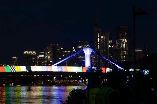 Raft bridge lightshow Frankfurt am Main for the opening of the Fan Mile, 12 06 2024 Raft bridge lightshow Frankfurt, Frankfurt am Main, Weseler Werft, 12 6 2024 Copyright: xBEAUTIFULxSPORTS Gawlikx
