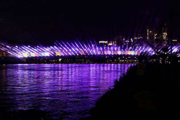Raft bridge lightshow Frankfurt am Main for the opening of the Fan Mile, 12 06 2024 Raft bridge lightshow Frankfurt, Frankfurt am Main, Weseler Werft, 12 6 2024 Copyright: xBEAUTIFULxSPORTS Gawlikx