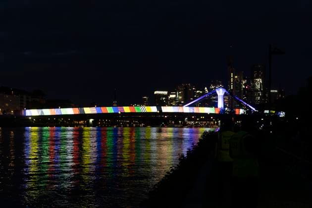 Raft bridge lightshow Frankfurt am Main for the opening of the Fan Mile, 12 06 2024 Raft bridge lightshow Frankfurt, Frankfurt am Main, Weseler Werft, 12 6 2024 Copyright: xBEAUTIFULxSPORTS Gawlikx