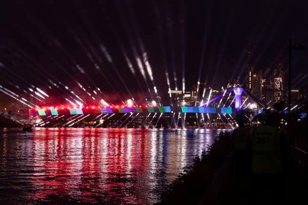 Raft bridge lightshow Frankfurt am Main for the opening of the Fan Mile, 12 06 2024 Raft bridge lightshow Frankfurt, Frankfurt am Main, Weseler Werft, 12 6 2024 Copyright: xBEAUTIFULxSPORTS Gawlikx