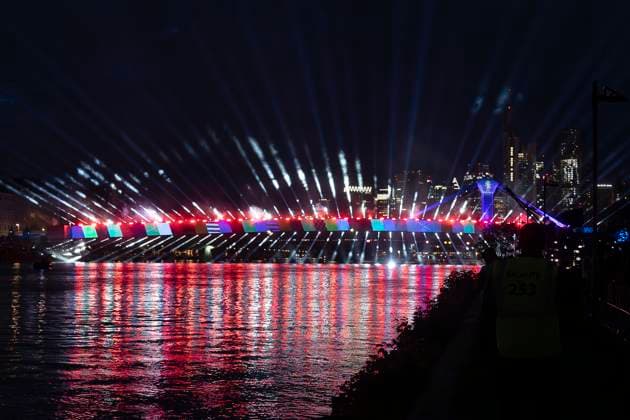 Raft bridge lightshow Frankfurt am Main for the opening of the Fan Mile, 12 06 2024 Raft bridge lightshow Frankfurt, Frankfurt am Main, Weseler Werft, 12 6 2024 Copyright: xBEAUTIFULxSPORTS Gawlikx