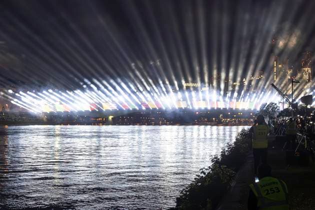 Raft bridge lightshow Frankfurt am Main for the opening of the Fan Mile, 12 06 2024 Raft bridge lightshow Frankfurt, Frankfurt am Main, Weseler Werft, 12 6 2024 Copyright: xBEAUTIFULxSPORTS Gawlikx