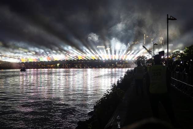 Raft bridge lightshow Frankfurt am Main for the opening of the Fan Mile, 12 06 2024 Raft bridge lightshow Frankfurt, Frankfurt am Main, Weseler Werft, 12 6 2024 Copyright: xBEAUTIFULxSPORTS Gawlikx
