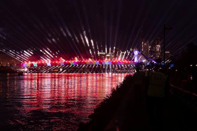 Raft bridge lightshow Frankfurt am Main for the opening of the Fan Mile, 12 06 2024 Raft bridge lightshow Frankfurt, Frankfurt am Main, Weseler Werft, 12 6 2024 Copyright: xBEAUTIFULxSPORTS Gawlikx
