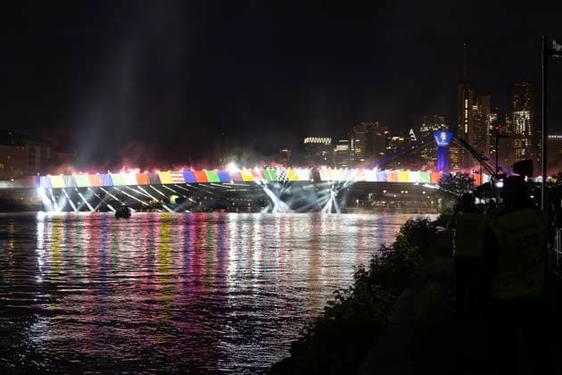 Raft bridge lightshow Frankfurt am Main for the opening of the Fan Mile, 12 06 2024 Raft bridge lightshow Frankfurt, Frankfurt am Main, Weseler Werft, 12 6 2024 Copyright: xBEAUTIFULxSPORTS Gawlikx
