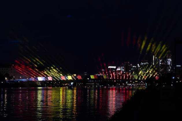 Raft bridge lightshow Frankfurt am Main for the opening of the Fan Mile, 12 06 2024 Raft bridge lightshow Frankfurt, Frankfurt am Main, Weseler Werft, 12 6 2024 Copyright: xBEAUTIFULxSPORTS Gawlikx