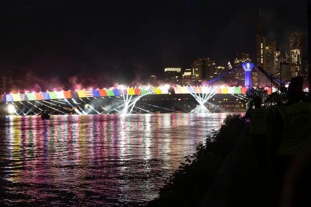 Raft bridge lightshow Frankfurt am Main for the opening of the Fan Mile, 12 06 2024 Raft bridge lightshow Frankfurt, Frankfurt am Main, Weseler Werft, 12 6 2024 Copyright: xBEAUTIFULxSPORTS Gawlikx