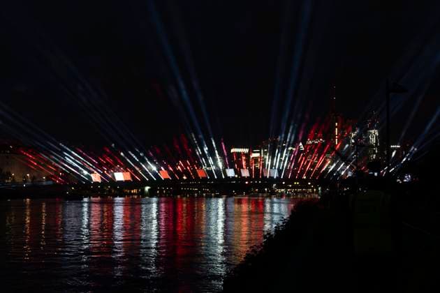 Raft bridge lightshow Frankfurt am Main for the opening of the Fan Mile, 12 06 2024 Raft bridge lightshow Frankfurt, Frankfurt am Main, Weseler Werft, 12 6 2024 Copyright: xBEAUTIFULxSPORTS Gawlikx