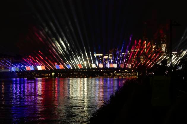 Raft bridge lightshow Frankfurt am Main for the opening of the Fan Mile, 12 06 2024 Raft bridge lightshow Frankfurt, Frankfurt am Main, Weseler Werft, 12 6 2024 Copyright: xBEAUTIFULxSPORTS Gawlikx