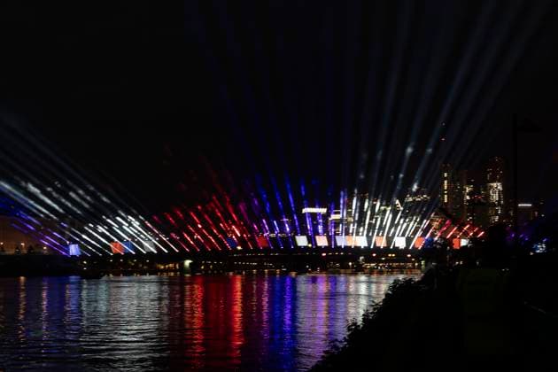 Raft bridge lightshow Frankfurt am Main for the opening of the Fan Mile, 12 06 2024 Raft bridge lightshow Frankfurt, Frankfurt am Main, Weseler Werft, 12 6 2024 Copyright: xBEAUTIFULxSPORTS Gawlikx