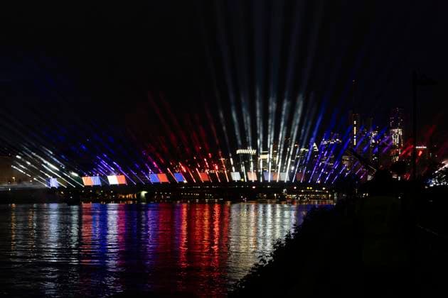 Raft bridge lightshow Frankfurt am Main for the opening of the Fan Mile, 12 06 2024 Raft bridge lightshow Frankfurt, Frankfurt am Main, Weseler Werft, 12 6 2024 Copyright: xBEAUTIFULxSPORTS Gawlikx