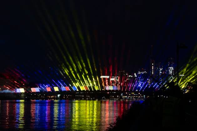 Raft bridge lightshow Frankfurt am Main for the opening of the Fan Mile, 12 06 2024 Raft bridge lightshow Frankfurt, Frankfurt am Main, Weseler Werft, 12 6 2024 Copyright: xBEAUTIFULxSPORTS Gawlikx