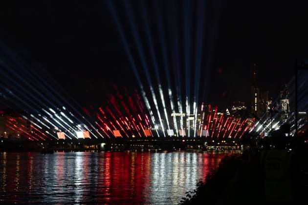 Raft bridge lightshow Frankfurt am Main for the opening of the Fan Mile, 12 06 2024 Raft bridge lightshow Frankfurt, Frankfurt am Main, Weseler Werft, 12 6 2024 Copyright: xBEAUTIFULxSPORTS Gawlikx
