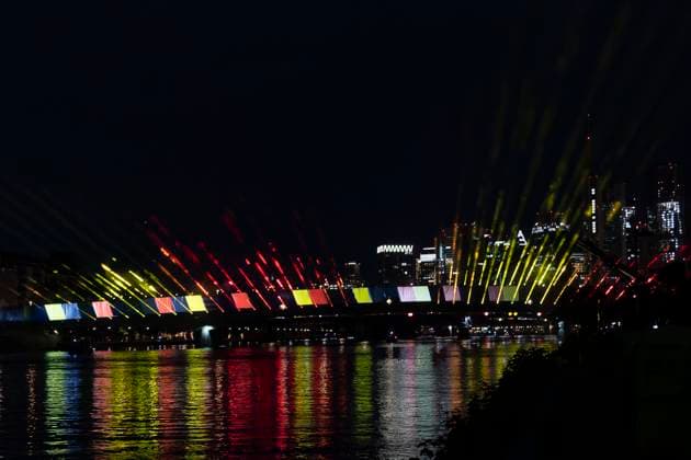 Raft bridge lightshow Frankfurt am Main for the opening of the Fan Mile, 12 06 2024 Raft bridge lightshow Frankfurt, Frankfurt am Main, Weseler Werft, 12 6 2024 Copyright: xBEAUTIFULxSPORTS Gawlikx