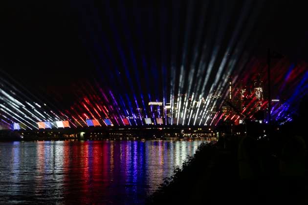 Raft bridge lightshow Frankfurt am Main for the opening of the Fan Mile, 12 06 2024 Raft bridge lightshow Frankfurt, Frankfurt am Main, Weseler Werft, 12 6 2024 Copyright: xBEAUTIFULxSPORTS Gawlikx