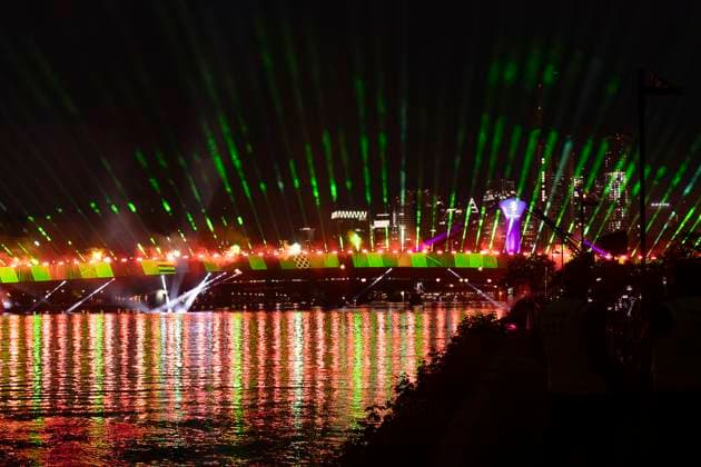 Raft bridge lightshow Frankfurt am Main for the opening of the Fan Mile, 12 06 2024 Raft bridge lightshow Frankfurt, Frankfurt am Main, Weseler Werft, 12 6 2024 Copyright: xBEAUTIFULxSPORTS Gawlikx