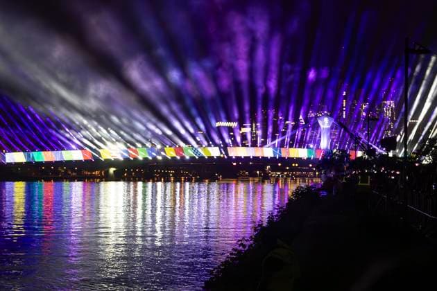Raft bridge lightshow Frankfurt am Main for the opening of the Fan Mile, 12 06 2024 Raft bridge lightshow Frankfurt, Frankfurt am Main, Weseler Werft, 12 6 2024 Copyright: xBEAUTIFULxSPORTS Gawlikx