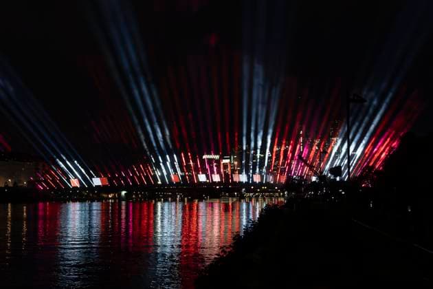 Raft bridge lightshow Frankfurt am Main for the opening of the Fan Mile, 12 06 2024 Raft bridge lightshow Frankfurt, Frankfurt am Main, Weseler Werft, 12 6 2024 Copyright: xBEAUTIFULxSPORTS Gawlikx