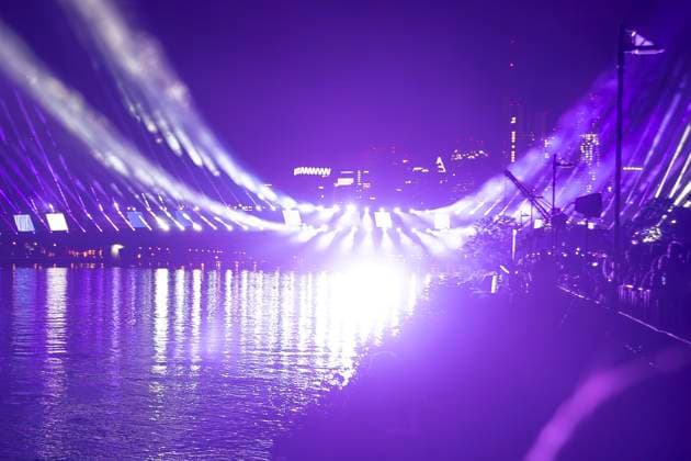 Raft bridge lightshow Frankfurt am Main for the opening of the Fan Mile, 12 06 2024 Raft bridge lightshow Frankfurt, Frankfurt am Main, Weseler Werft, 12 6 2024 Copyright: xBEAUTIFULxSPORTS Gawlikx
