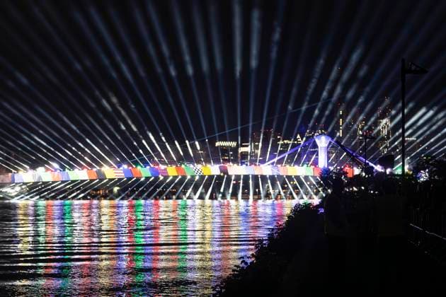 Raft bridge lightshow Frankfurt am Main for the opening of the Fan Mile, 12 06 2024 Raft bridge lightshow Frankfurt, Frankfurt am Main, Weseler Werft, 12 6 2024 Copyright: xBEAUTIFULxSPORTS Gawlikx