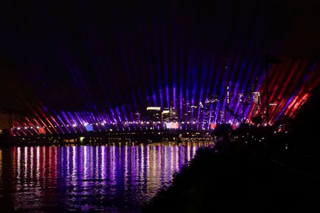Raft bridge lightshow Frankfurt am Main for the opening of the Fan Mile, 12 06 2024 Raft bridge lightshow Frankfurt, Frankfurt am Main, Weseler Werft, 12 6 2024 Copyright: xBEAUTIFULxSPORTS Gawlikx