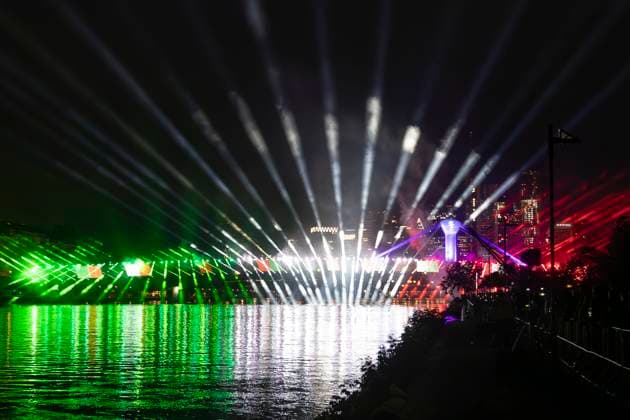 Raft bridge lightshow Frankfurt am Main for the opening of the Fan Mile, 12 06 2024 Raft bridge lightshow Frankfurt, Frankfurt am Main, Weseler Werft, 12 6 2024 Copyright: xBEAUTIFULxSPORTS Gawlikx