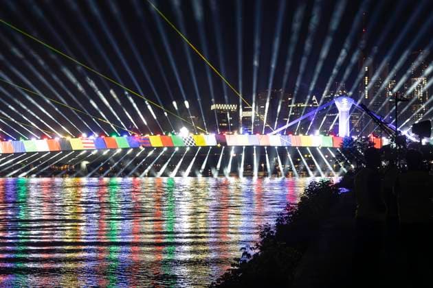Raft bridge lightshow Frankfurt am Main for the opening of the Fan Mile, 12 06 2024 Raft bridge lightshow Frankfurt, Frankfurt am Main, Weseler Werft, 12 6 2024 Copyright: xBEAUTIFULxSPORTS Gawlikx