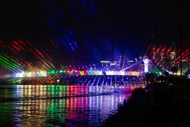 Raft bridge lightshow Frankfurt am Main for the opening of the Fan Mile, 12 06 2024 Raft bridge lightshow Frankfurt, Frankfurt am Main, Weseler Werft, 12 6 2024 Copyright: xBEAUTIFULxSPORTS Gawlikx