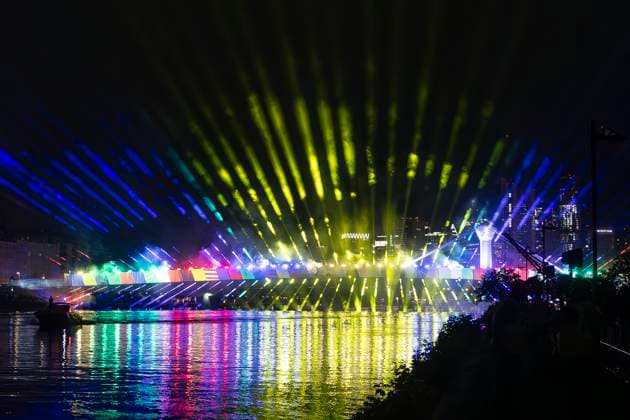 Raft bridge lightshow Frankfurt am Main for the opening of the Fan Mile, 12 06 2024 Raft bridge lightshow Frankfurt, Frankfurt am Main, Weseler Werft, 12 6 2024 Copyright: xBEAUTIFULxSPORTS Gawlikx