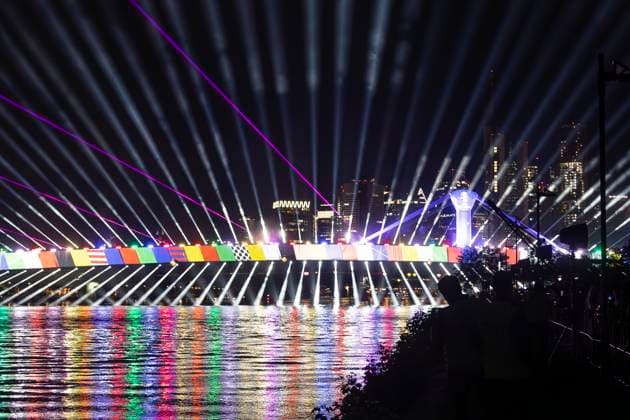 Raft bridge lightshow Frankfurt am Main for the opening of the Fan Mile, 12 06 2024 Raft bridge lightshow Frankfurt, Frankfurt am Main, Weseler Werft, 12 6 2024 Copyright: xBEAUTIFULxSPORTS Gawlikx