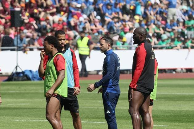 Belgium s Lois Openda, Belgium s Aster Vranckx, Belgium s head coach Domenico Tedesco and Belgium s Romelu Lukaku pictured during a training session of Belgian national soccer team Red Devils, Thursday 13 June 2024 at their base camp in Ludwigsburg, Germany, in preparation of the UEFA EURO, EM, Europameisterschaft,Fussball 2024 European Soccer Championships. The Red Devils play in Group F at the Euro 2024 European Championships in Germany. BRUNOxFAHY  x94458840_20240613x
