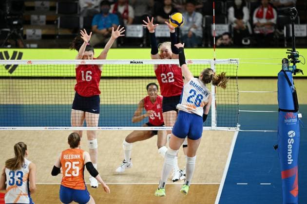 (L-R) Dana Rettke (USA), Kathryn Plummer (USA), JUNE 13, 2024 - Volleyball : FIVB Volleyball Nations League 2024 Women s Preliminary Round between Netherlands 0-3 USA at West Japan General Exhibition Center, Fukuoka, Japan. Noxthirdxpartyxsales  (256243740_20240613)