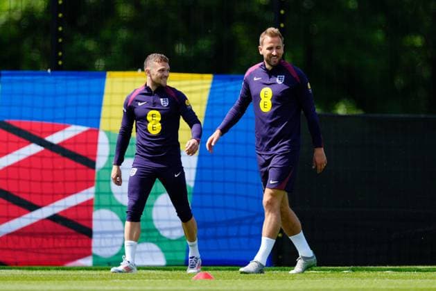 Kieran Trippier of England, Harry Kane of England England Training Session and press conference, PK, Pressekonferenz UEFA European Championship, EM, Europameisterschaft 2024, Group C, Football, Spa & Golf Resort Weimarer Land, Blankenhain, Germany, 13 Jun 2024 EDITORIAL USE ONLY No use with unauthorised audio, video, data, fixture lists, club league logos or live services. Online in-match use limited to 120 images, no video emulation. No use in betting, games or single club league player publications. Copyright: xDavexShopland Shutterstockx 14523765l