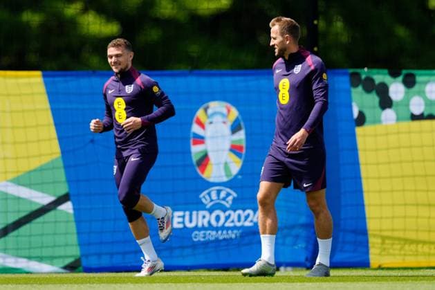 Kieran Trippier of England, Harry Kane of England England Training Session and press conference, PK, Pressekonferenz UEFA European Championship, EM, Europameisterschaft 2024, Group C, Football, Spa & Golf Resort Weimarer Land, Blankenhain, Germany, 13 Jun 2024 EDITORIAL USE ONLY No use with unauthorised audio, video, data, fixture lists, club league logos or live services. Online in-match use limited to 120 images, no video emulation. No use in betting, games or single club league player publications. Copyright: xDavexShopland Shutterstockx 14523765j