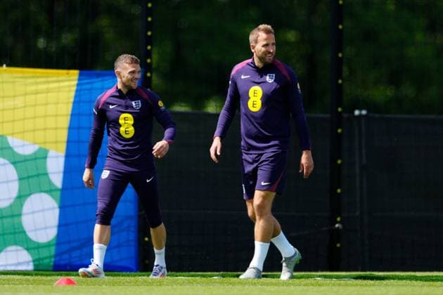 Kieran Trippier of England, Harry Kane of England England Training Session and press conference, PK, Pressekonferenz UEFA European Championship, EM, Europameisterschaft 2024, Group C, Football, Spa & Golf Resort Weimarer Land, Blankenhain, Germany, 13 Jun 2024 EDITORIAL USE ONLY No use with unauthorised audio, video, data, fixture lists, club league logos or live services. Online in-match use limited to 120 images, no video emulation. No use in betting, games or single club league player publications. Copyright: xDavexShopland Shutterstockx 14523765i