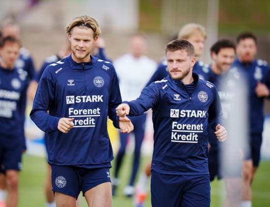 Danish players Morten Hjulmand L and Anders Dreyer during the national team s training in Freudenstadt, Germany, Thursday, June 13, 2024 Denmark plays its first match on Sunday against Slovenia in the EURO 2024 Group C Photo Liselotte Sabroe Ritzau Scanpix , Freudenstadt Germany  Copyright: Ritzau Scanpix LiselottexSabroex spdk20240613-114159-L