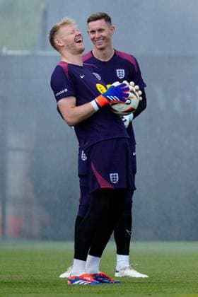 Aaron Ramsdale of England, Dean Henderson of England England Training Session and press conference, PK, Pressekonferenz UEFA European Championship, EM, Europameisterschaft 2024, Group C, Football, Spa & Golf Resort Weimarer Land, Blankenhain, Germany, 13 Jun 2024 EDITORIAL USE ONLY No use with unauthorised audio, video, data, fixture lists, club league logos or live services. Online in-match use limited to 120 images, no video emulation. No use in betting, games or single club league player publications. Copyright: xDavexShopland Shutterstockx 14523765x