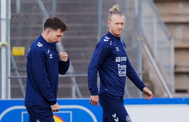 Danish players Simon Kjaer R and Pierre Emile Hoejbjerg during the national team s training in Freudenstadt, Germany, Thursday, June 13, 2024 Denmark plays its first match on Sunday against Slovenia in EURO 2024 Group C Photo Liselotte Sabroe Ritzau Scanpix , Freudenstadt Germany  Copyright: Ritzau Scanpix LiselottexSabroex spdk20240613-115144-L