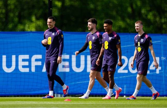 Lewis Dunk of England, Declan Rice of England, Ollie Watkins of England, Adam Wharton of England England Training Session and press conference, PK, Pressekonferenz UEFA European Championship, EM, Europameisterschaft 2024, Group C, Football, Spa & Golf Resort Weimarer Land, Blankenhain, Germany, 13 Jun 2024 EDITORIAL USE ONLY No use with unauthorised audio, video, data, fixture lists, club league logos or live services. Online in-match use limited to 120 images, no video emulation. No use in betting, games or single club league player publications. Copyright: xDavexShopland Shutterstockx 14523765ac