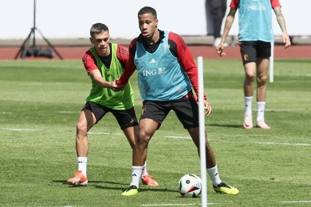 Belgium s Leandro Trossard and Belgium s Aster Vranckx fight for the ball during a training session of Belgian national soccer team Red Devils, Thursday 13 June 2024 at their base camp in Freiberg am Neckar, Germany, in preparation of the UEFA EURO, EM, Europameisterschaft,Fussball 2024 European Soccer Championships. The Red Devils play in Group F at the Euro 2024 European Championships in Germany. BRUNOxFAHY  x94463973_20240613x
