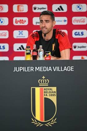 Belgium Media Activities UEFA EURO, EM, Europameisterschaft,Fussball 2024 13 06 2024 FREIBERG AM NECKA, GERMANY - JUNE 13 : Casteels Koen goalkeeper of Belgium talking to the press during a press conference, PK, Pressekonferenz of the Belgian Red Devils at the UEFA Euro 2024 European Football Championship tournament on June 13, 2024 in Freiberg am Necka, Germany, 13 06 2024 Freiberg am Necka Germany  Copyright: xVincentxKalutx