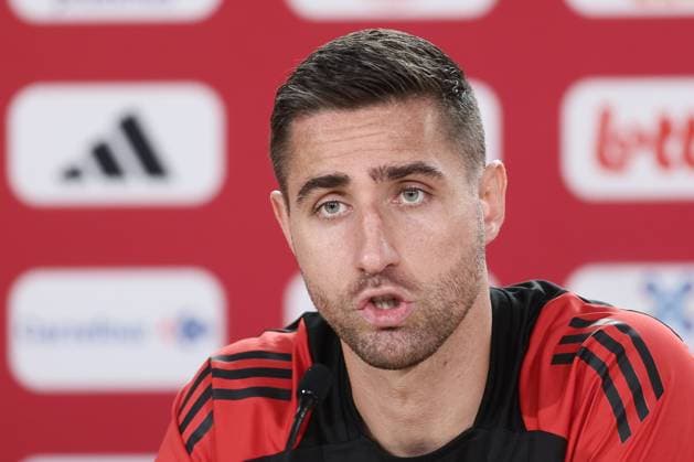 Belgium s goalkeeper Koen Casteels pictured during a press conference, PK, Pressekonferenz of Belgian national soccer team Red Devils, Thursday 13 June 2024 at their base camp in Freiberg am Neckar, Germany, in preparation of the UEFA EURO, EM, Europameisterschaft,Fussball 2024 European Soccer Championships. The Red Devils play in Group F at the Euro 2024 European Championships in Germany. BRUNOxFAHY  x94464606_20240613x