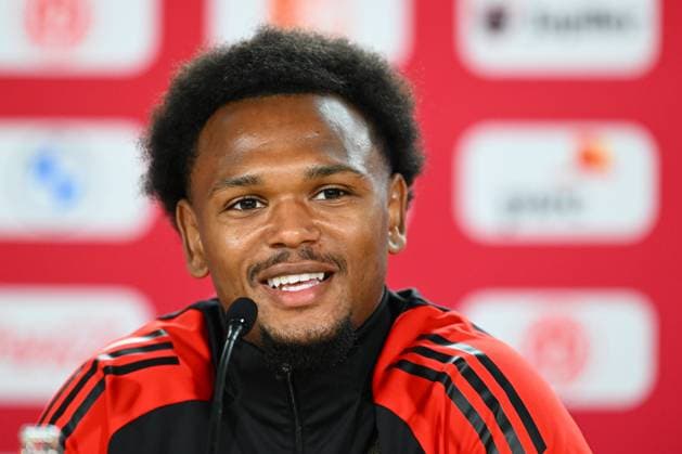 Belgium Media Activities UEFA EURO, EM, Europameisterschaft,Fussball 2024 13 06 2024 FREIBERG AM NECKA, GERMANY - JUNE 13 : Openda Lois forward of Belgium talking to the press during a press conference, PK, Pressekonferenz of the Belgian Red Devils at the UEFA Euro 2024 European Football Championship tournament on June 13, 2024 in Freiberg am Necka, Germany, 13 06 2024 Freiberg am Necka Germany  Copyright: xVincentxKalutx