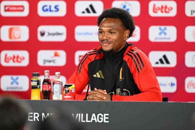 Belgium Media Activities UEFA EURO, EM, Europameisterschaft,Fussball 2024 13 06 2024 FREIBERG AM NECKA, GERMANY - JUNE 13 : Openda Lois forward of Belgium talking to the press during a press conference, PK, Pressekonferenz of the Belgian Red Devils at the UEFA Euro 2024 European Football Championship tournament on June 13, 2024 in Freiberg am Necka, Germany, 13 06 2024 Freiberg am Necka Germany  Copyright: xVincentxKalutx