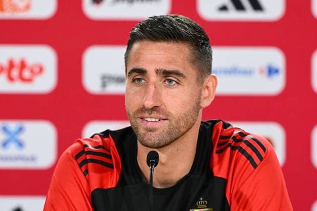 Belgium Media Activities UEFA EURO, EM, Europameisterschaft,Fussball 2024 13 06 2024 FREIBERG AM NECKA, GERMANY - JUNE 13 : Casteels Koen goalkeeper of Belgium talking to the press during a press conference, PK, Pressekonferenz of the Belgian Red Devils at the UEFA Euro 2024 European Football Championship tournament on June 13, 2024 in Freiberg am Necka, Germany, 13 06 2024 Freiberg am Necka Germany  Copyright: xVincentxKalutx
