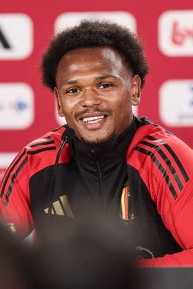 Belgium s Lois Openda pictured during a press conference, PK, Pressekonferenz of Belgian national soccer team Red Devils, Thursday 13 June 2024 at their base camp in Freiberg am Neckar, Germany, in preparation of the UEFA EURO, EM, Europameisterschaft,Fussball 2024 European Soccer Championships. The Red Devils play in Group F at the Euro 2024 European Championships in Germany. BRUNOxFAHY  x94465304_20240613x