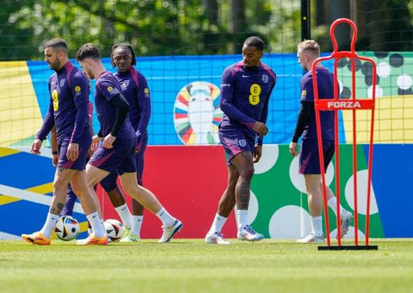 Ivan Toney of England in the centre of group of players England Training Session and press conference, PK, Pressekonferenz UEFA European Championship, EM, Europameisterschaft 2024, Group C, Football, Spa & Golf Resort Weimarer Land, Blankenhain, Germany, 13 Jun 2024 EDITORIAL USE ONLY No use with unauthorised audio, video, data, fixture lists, club league logos or live services. Online in-match use limited to 120 images, no video emulation. No use in betting, games or single club league player publications. Copyright: xDavexShopland Shutterstockx 14523765bb